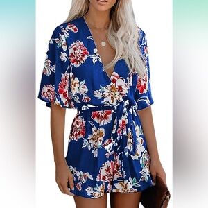 Summer blue and floral v-neck short romper half flare sleeve jumpsuit waist tie
